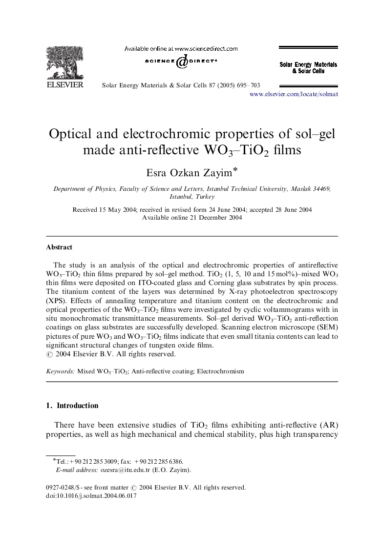 Optical and electrochromic properties of sol-gel made anti-reflective WO3-TiO2 films