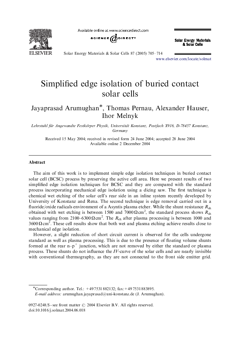 Simplified edge isolation of buried contact solar cells