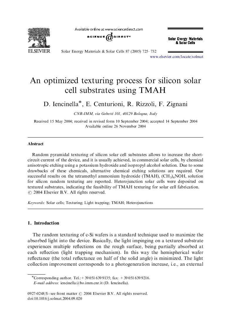 An optimized texturing process for silicon solar cell substrates using TMAH