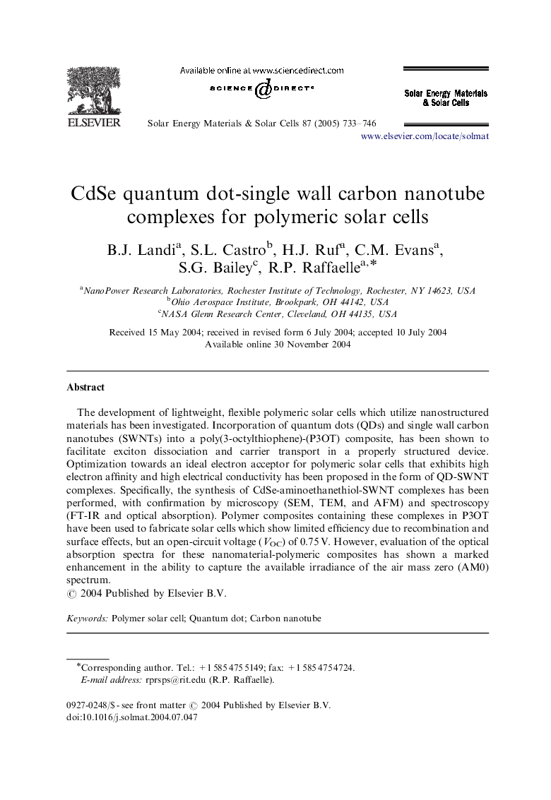 CdSe quantum dot-single wall carbon nanotube complexes for polymeric solar cells