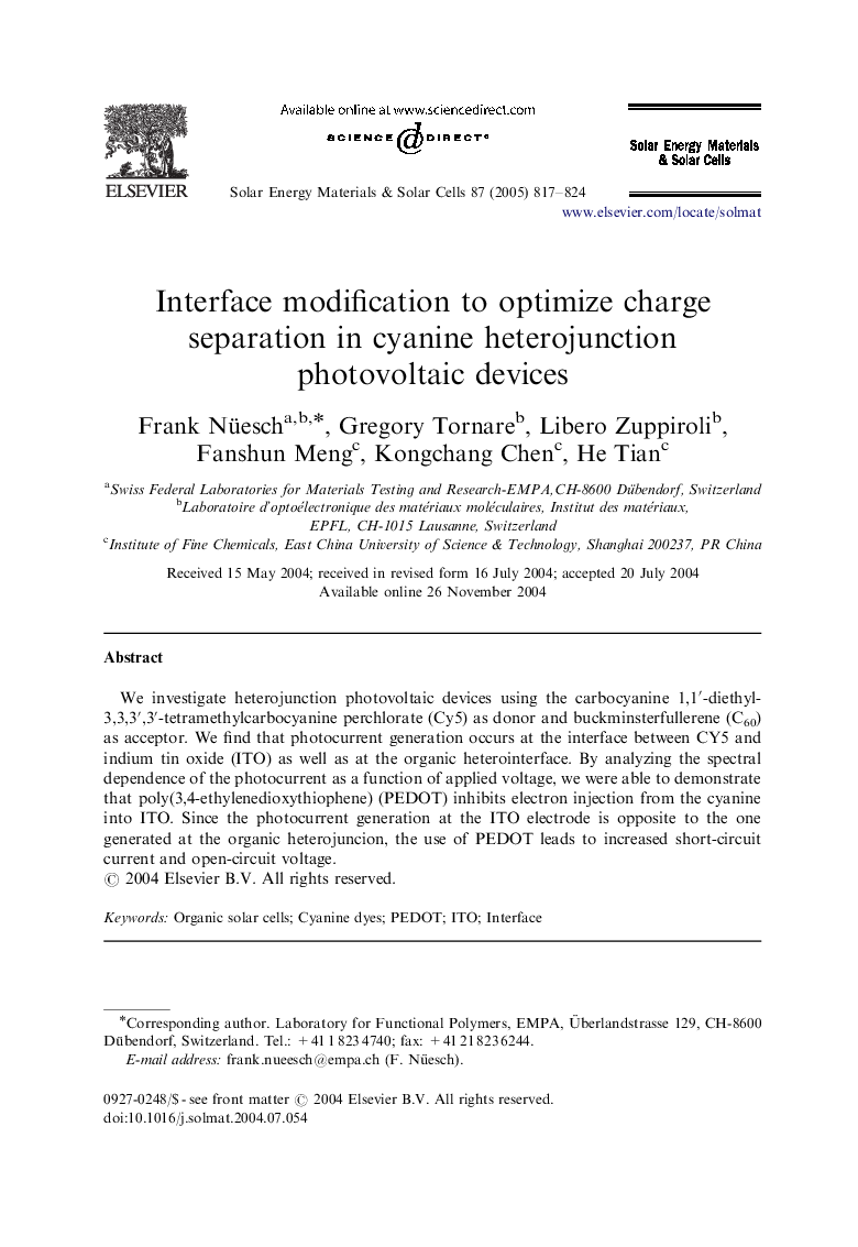 Interface modification to optimize charge separation in cyanine heterojunction photovoltaic devices