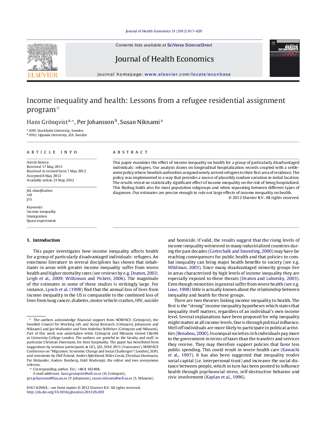 Income inequality and health: Lessons from a refugee residential assignment program