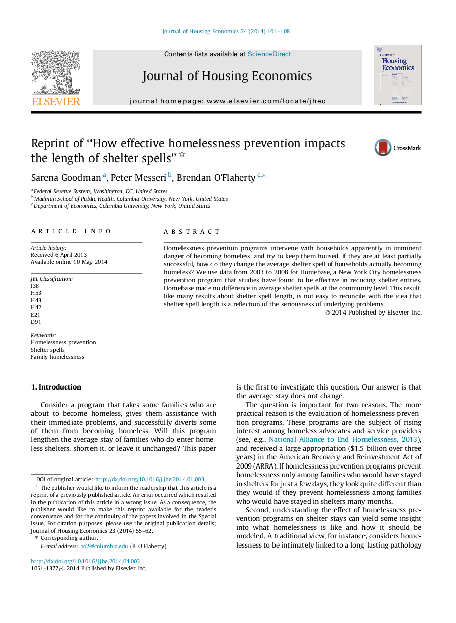 Reprint of “How effective homelessness prevention impacts the length of shelter spells”