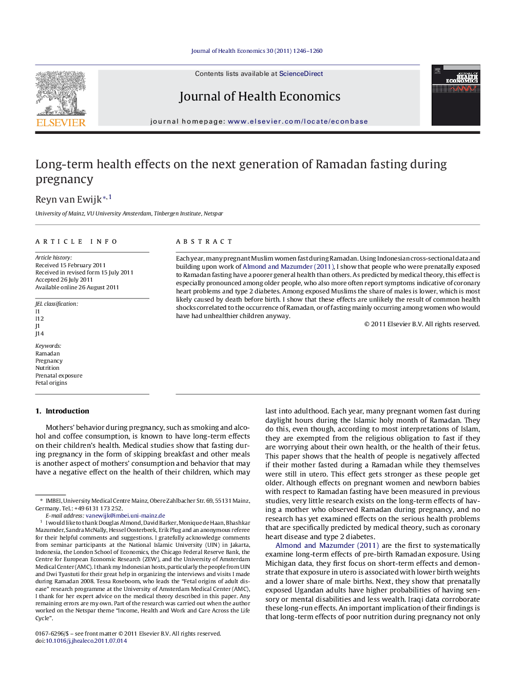 Long-term health effects on the next generation of Ramadan fasting during pregnancy