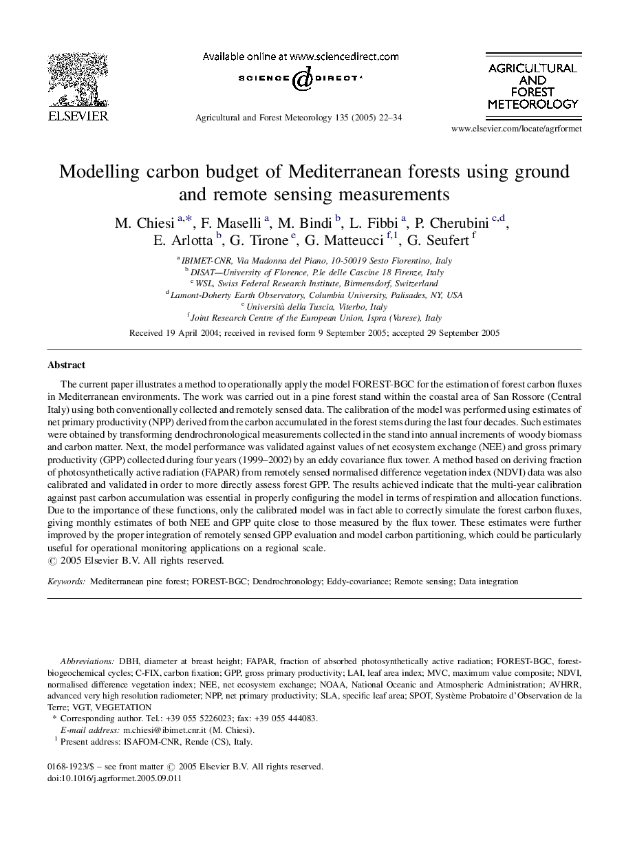 Modelling carbon budget of Mediterranean forests using ground and remote sensing measurements