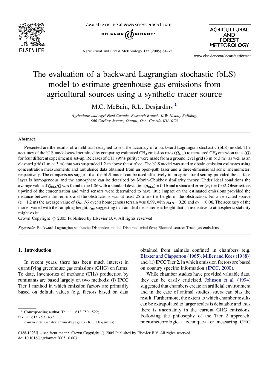 The evaluation of a backward Lagrangian stochastic (bLS) model to estimate greenhouse gas emissions from agricultural sources using a synthetic tracer source