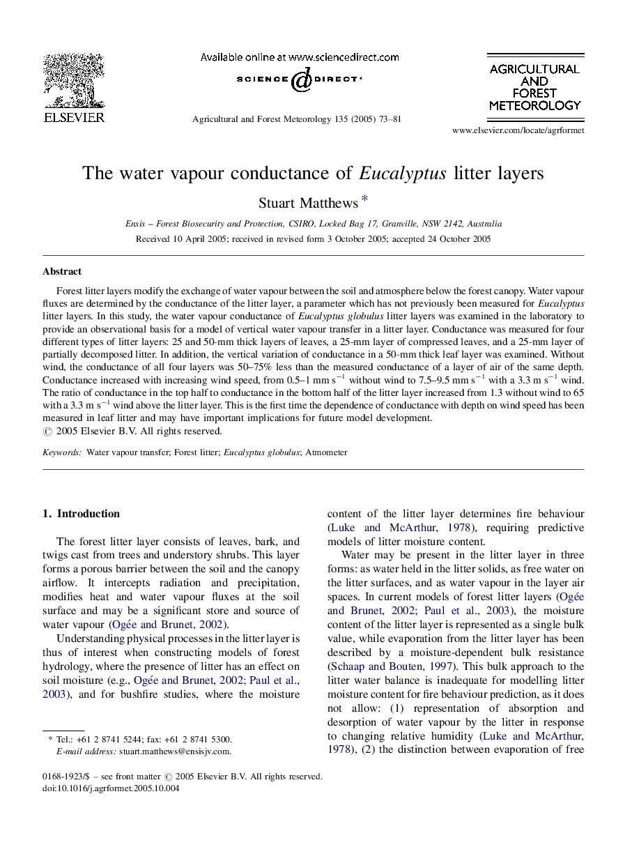 The water vapour conductance of Eucalyptus litter layers