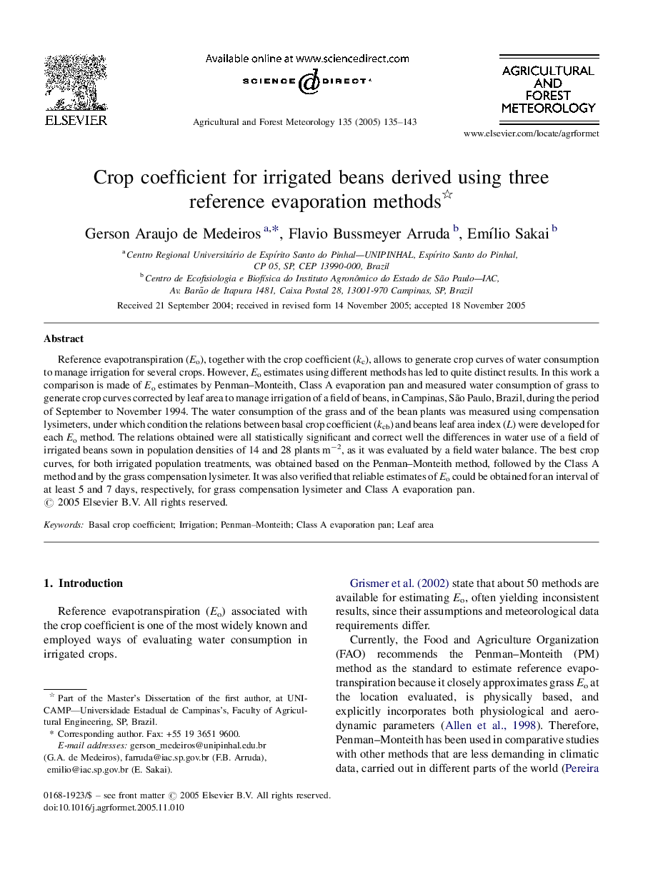 Crop coefficient for irrigated beans derived using three reference evaporation methods