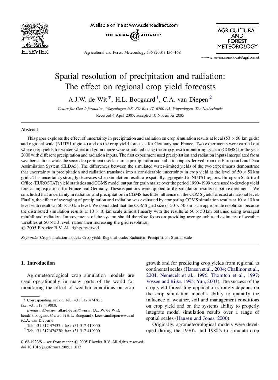 Spatial resolution of precipitation and radiation: The effect on regional crop yield forecasts