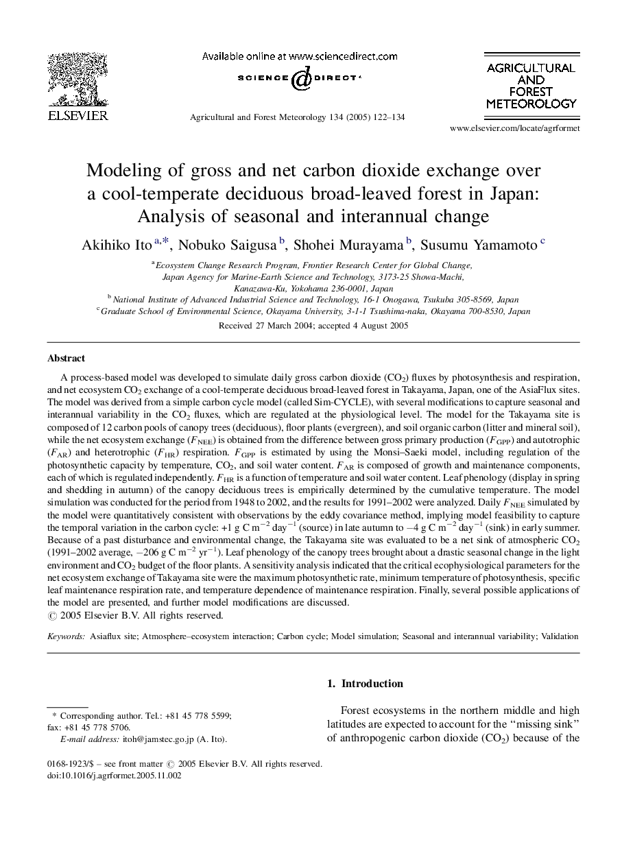 Modeling of gross and net carbon dioxide exchange over a cool-temperate deciduous broad-leaved forest in Japan: Analysis of seasonal and interannual change