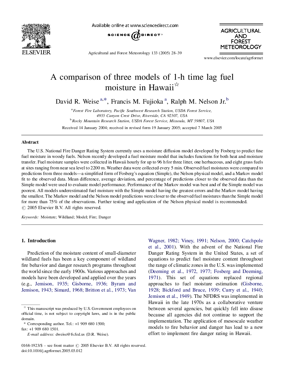 A comparison of three models of 1-h time lag fuel moisture in Hawaii
