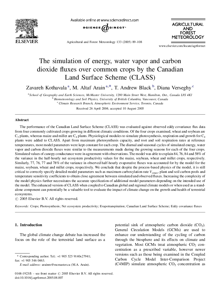 The simulation of energy, water vapor and carbon dioxide fluxes over common crops by the Canadian Land Surface Scheme (CLASS)