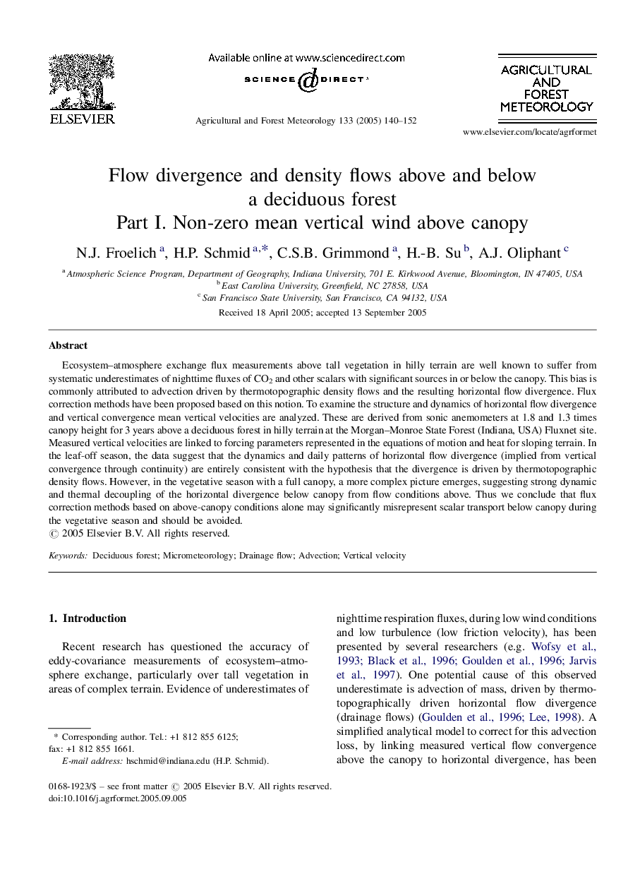 Flow divergence and density flows above and below a deciduous forest