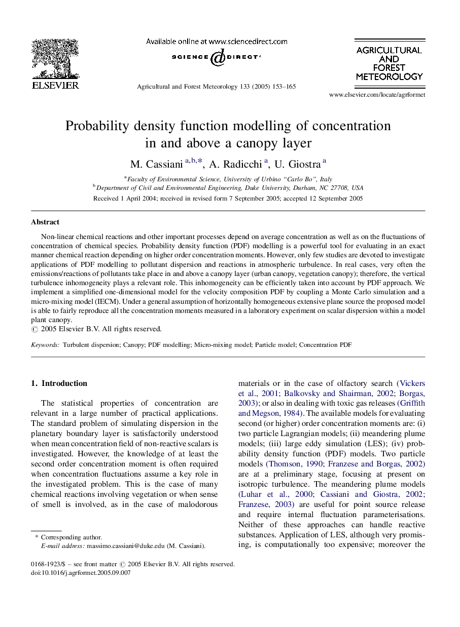 Probability density function modelling of concentration in and above a canopy layer