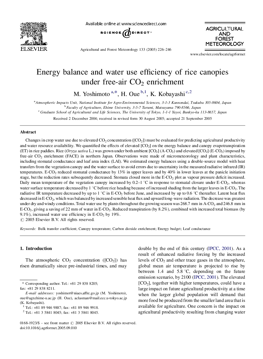 Energy balance and water use efficiency of rice canopies under free-air CO2 enrichment