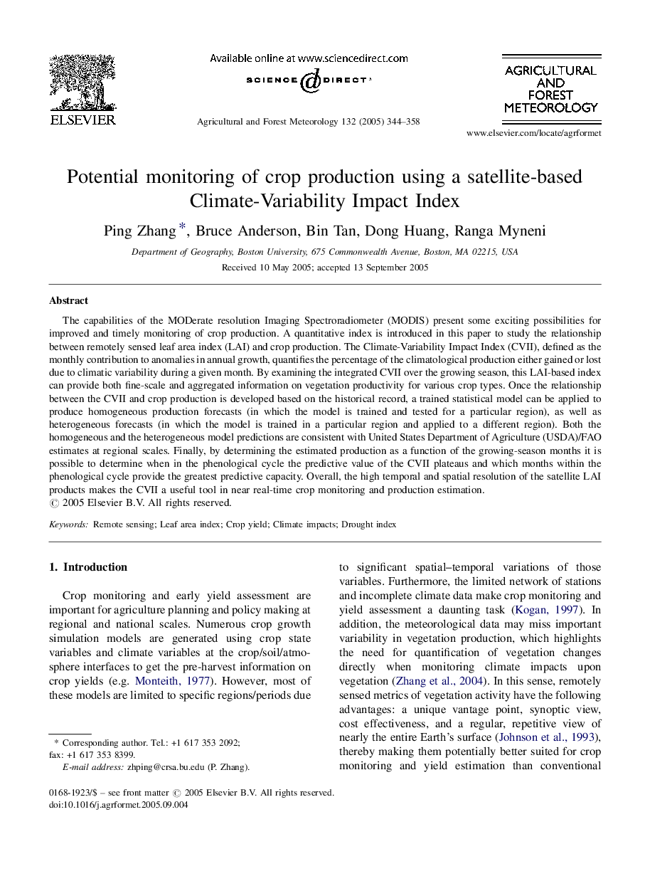 عکس صفحه اول مقاله: Potential monitoring of crop production using a satellite-based Climate-Variability Impact Index Potential monitoring of crop production using a satellite-based Climate-Variability Impact Index