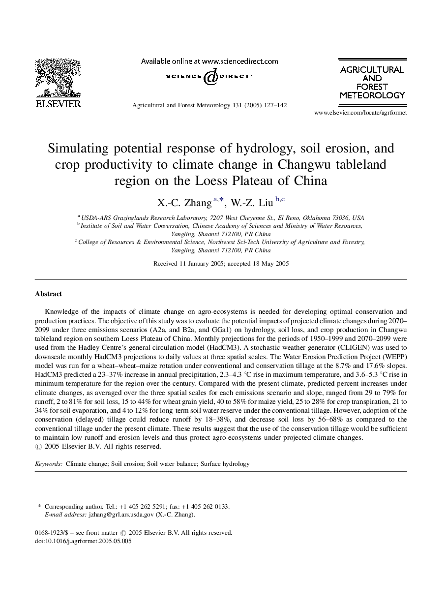 Simulating potential response of hydrology, soil erosion, and crop productivity to climate change in Changwu tableland region on the Loess Plateau of China