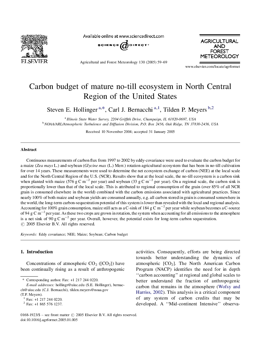 Carbon budget of mature no-till ecosystem in North Central Region of the United States