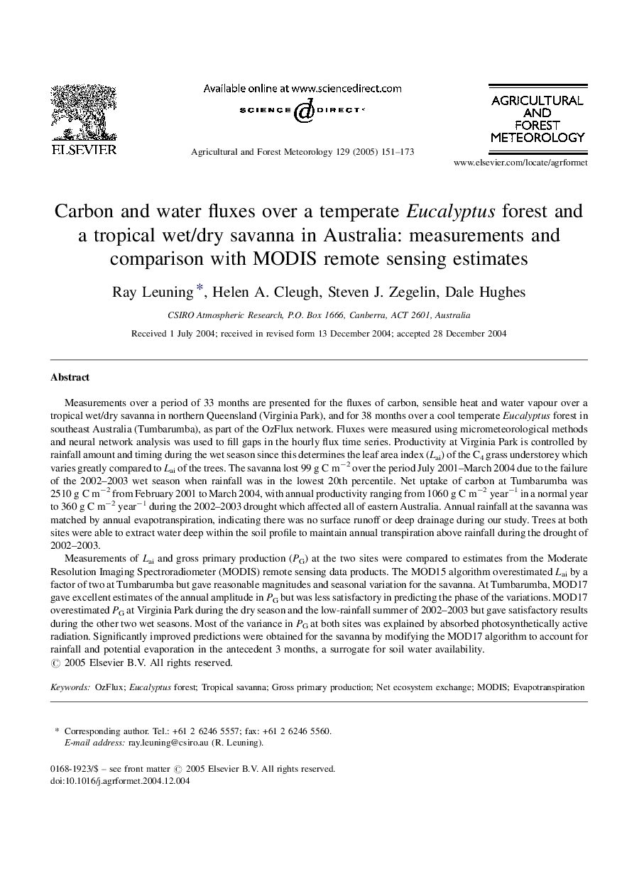 Carbon and water fluxes over a temperate Eucalyptus forest and a tropical wet/dry savanna in Australia: measurements and comparison with MODIS remote sensing estimates