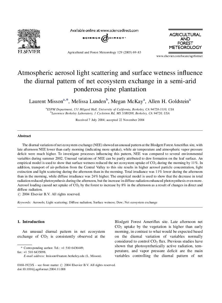 Atmospheric aerosol light scattering and surface wetness influence the diurnal pattern of net ecosystem exchange in a semi-arid ponderosa pine plantation