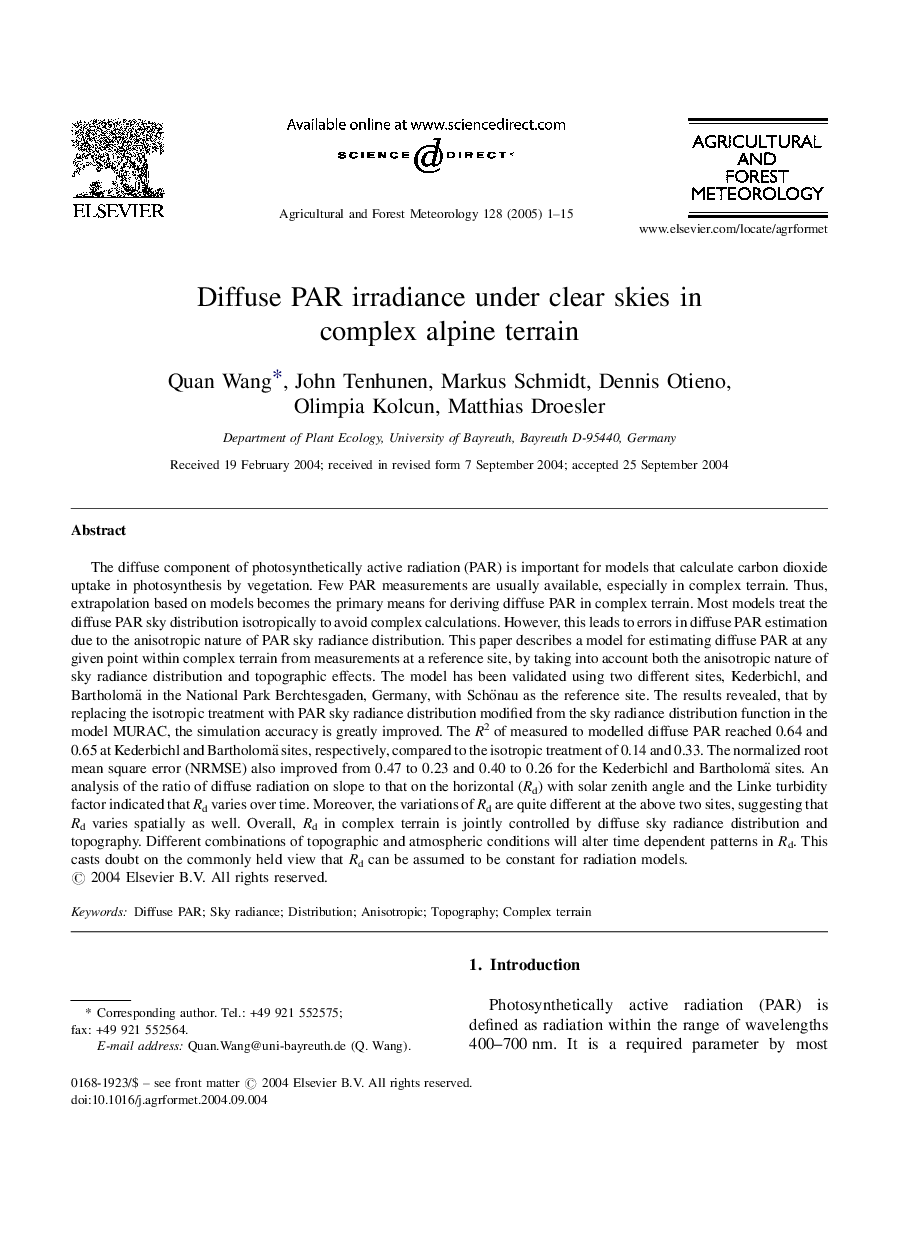 Diffuse PAR irradiance under clear skies in complex alpine terrain