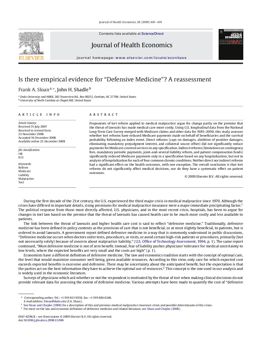 Is there empirical evidence for “Defensive Medicine”? A reassessment