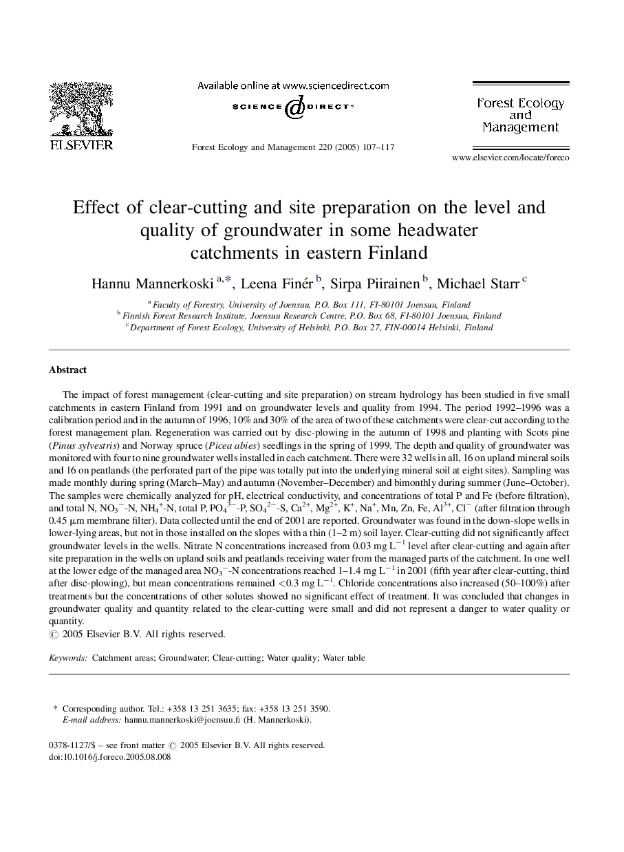 Effect of clear-cutting and site preparation on the level and quality of groundwater in some headwater catchments in eastern Finland