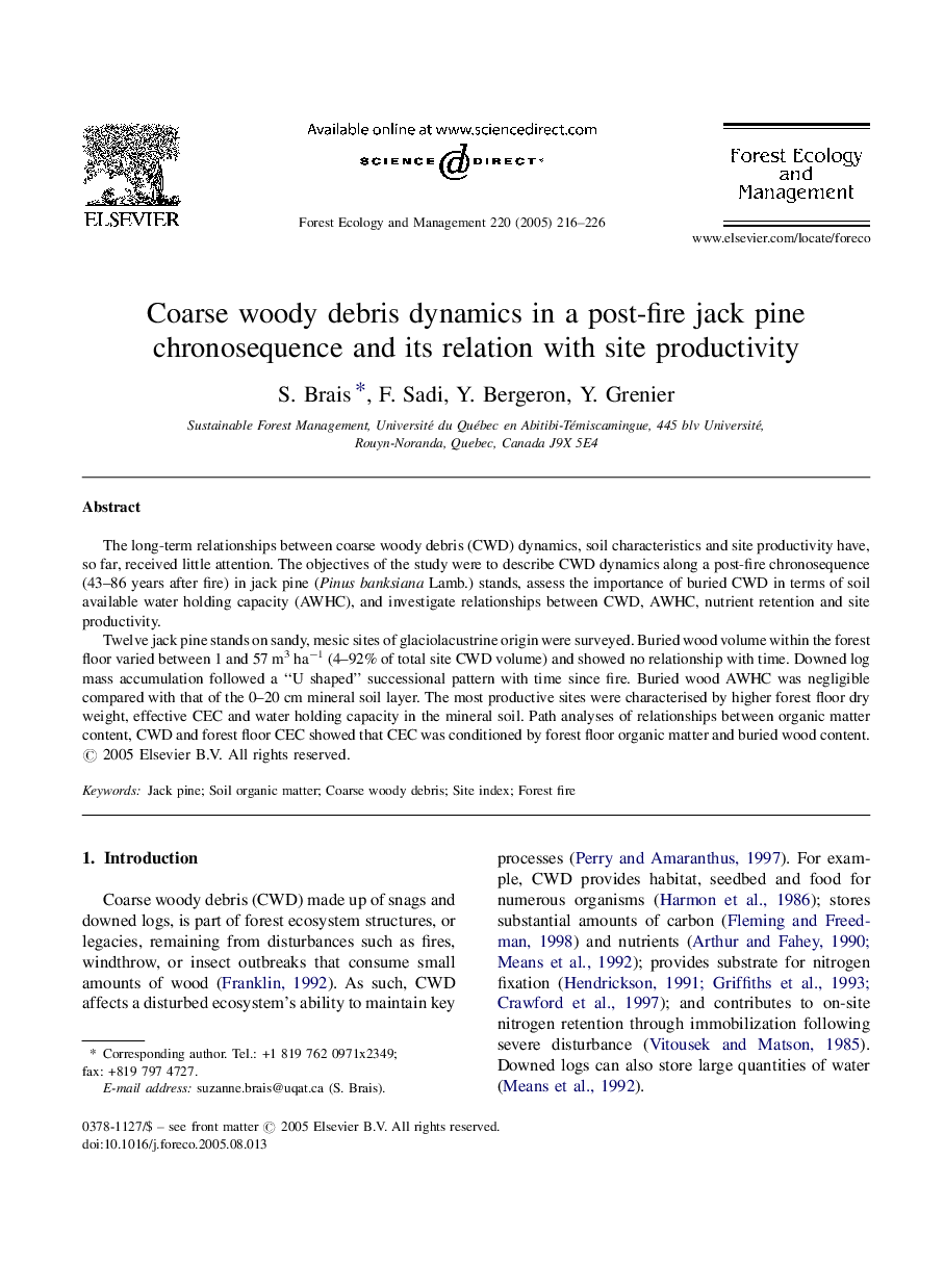 Coarse woody debris dynamics in a post-fire jack pine chronosequence and its relation with site productivity