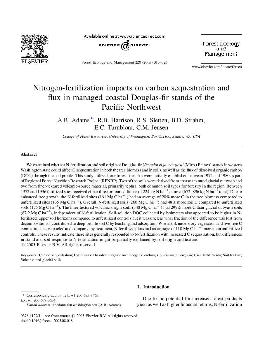 Nitrogen-fertilization impacts on carbon sequestration and flux in managed coastal Douglas-fir stands of the Pacific Northwest