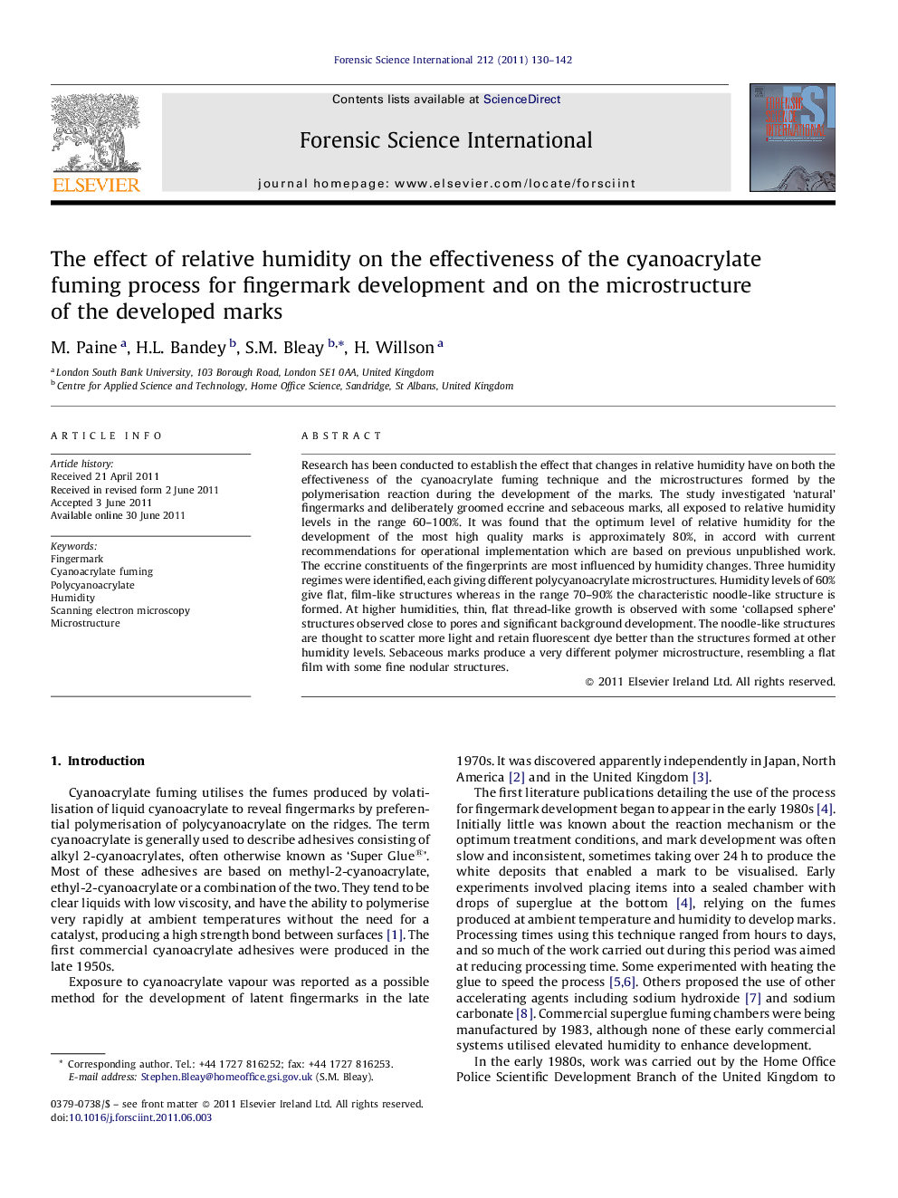 The effect of relative humidity on the effectiveness of the cyanoacrylate fuming process for fingermark development and on the microstructure of the developed marks