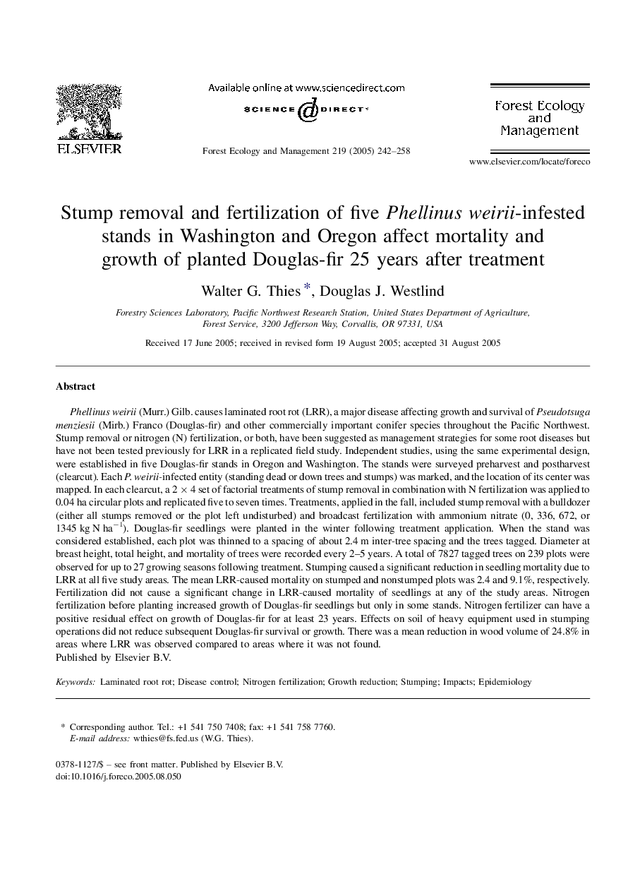 Stump removal and fertilization of five Phellinus weirii-infested stands in Washington and Oregon affect mortality and growth of planted Douglas-fir 25 years after treatment