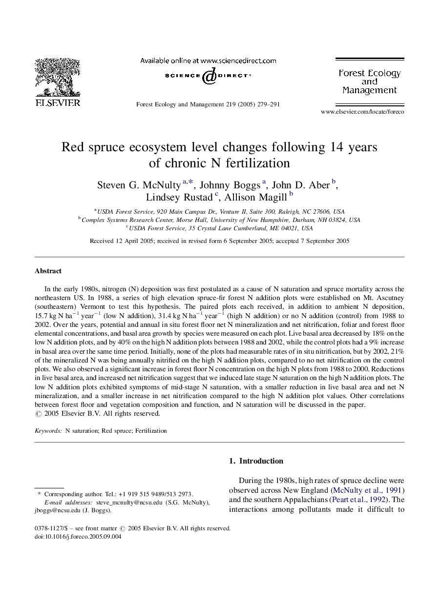 Red spruce ecosystem level changes following 14 years of chronic N fertilization