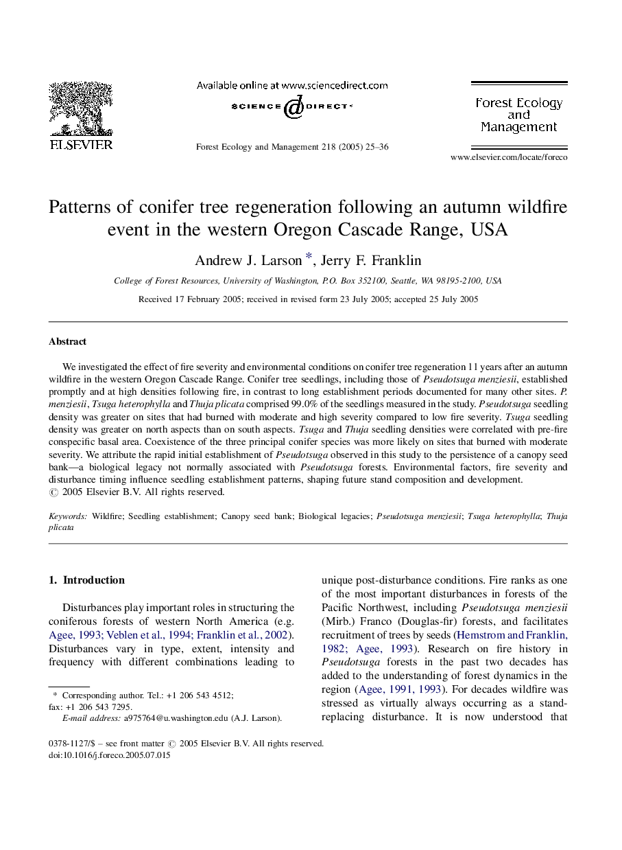 Patterns of conifer tree regeneration following an autumn wildfire event in the western Oregon Cascade Range, USA