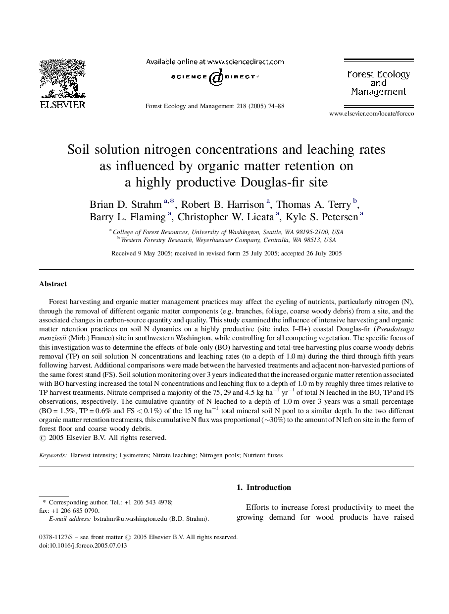 Soil solution nitrogen concentrations and leaching rates as influenced by organic matter retention on a highly productive Douglas-fir site