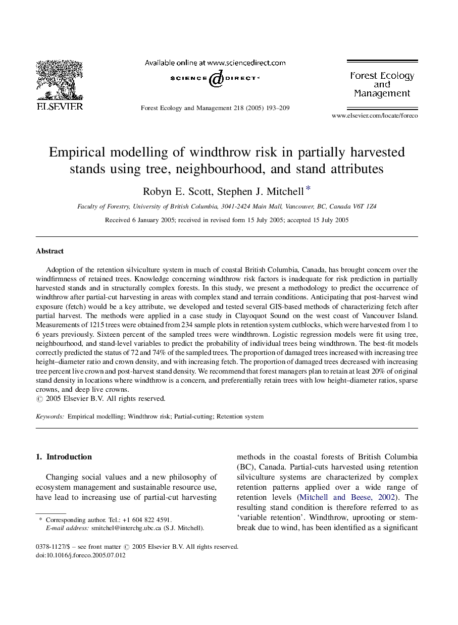 Empirical modelling of windthrow risk in partially harvested stands using tree, neighbourhood, and stand attributes