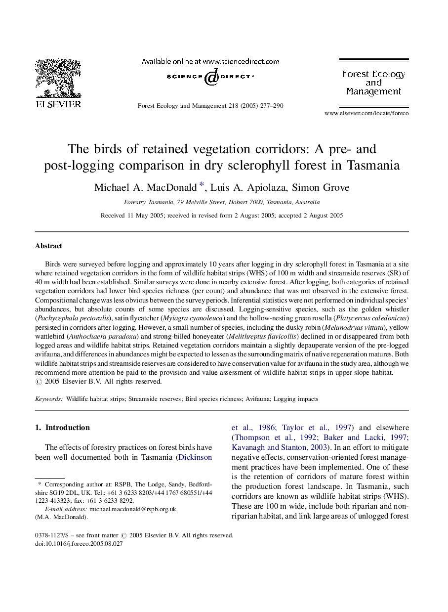 The birds of retained vegetation corridors: A pre- and post-logging comparison in dry sclerophyll forest in Tasmania