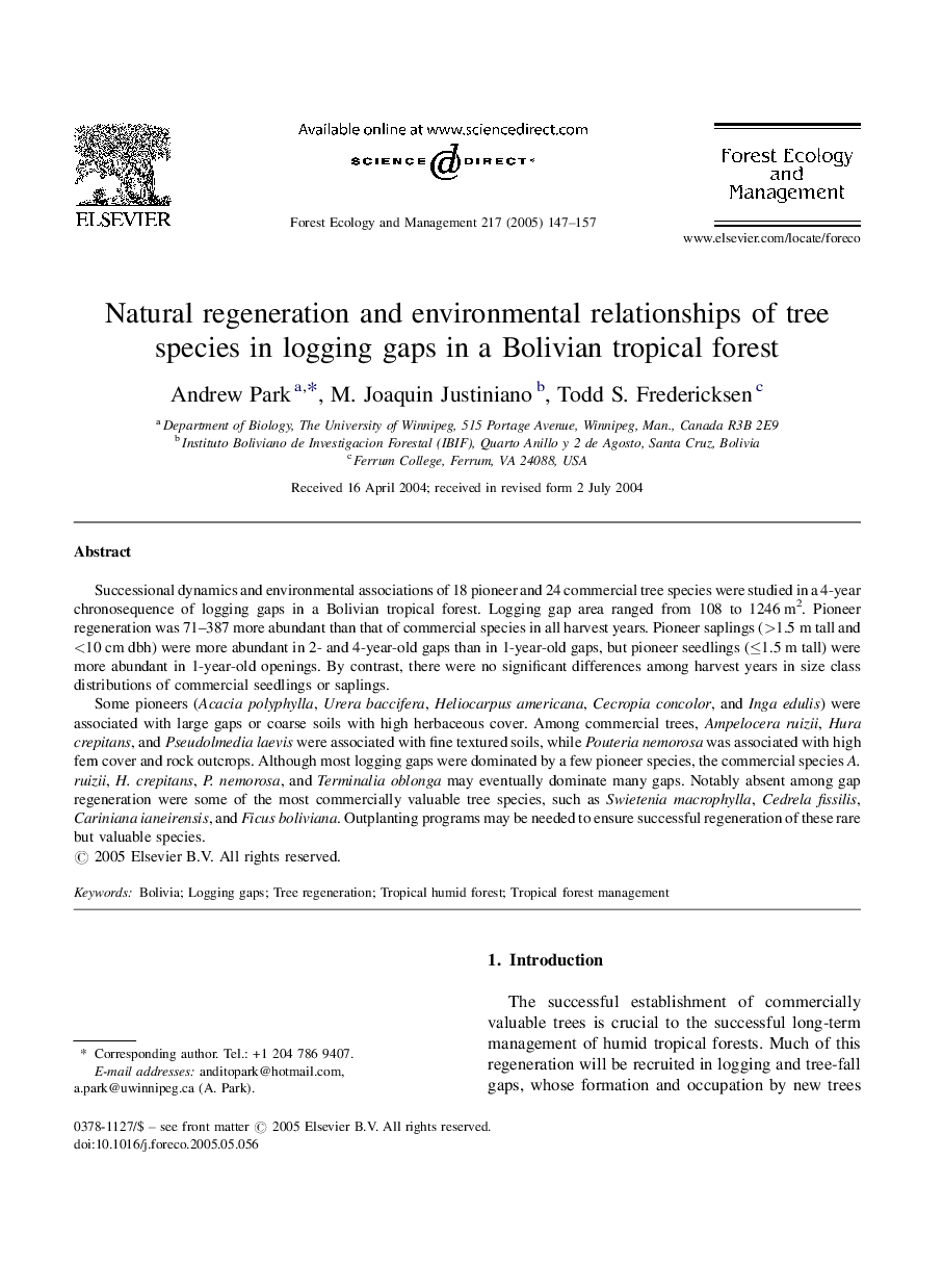 Natural regeneration and environmental relationships of tree species in logging gaps in a Bolivian tropical forest