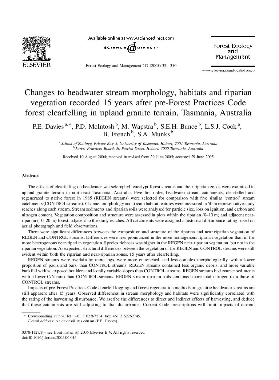 Changes to headwater stream morphology, habitats and riparian vegetation recorded 15 years after pre-Forest Practices Code forest clearfelling in upland granite terrain, Tasmania, Australia