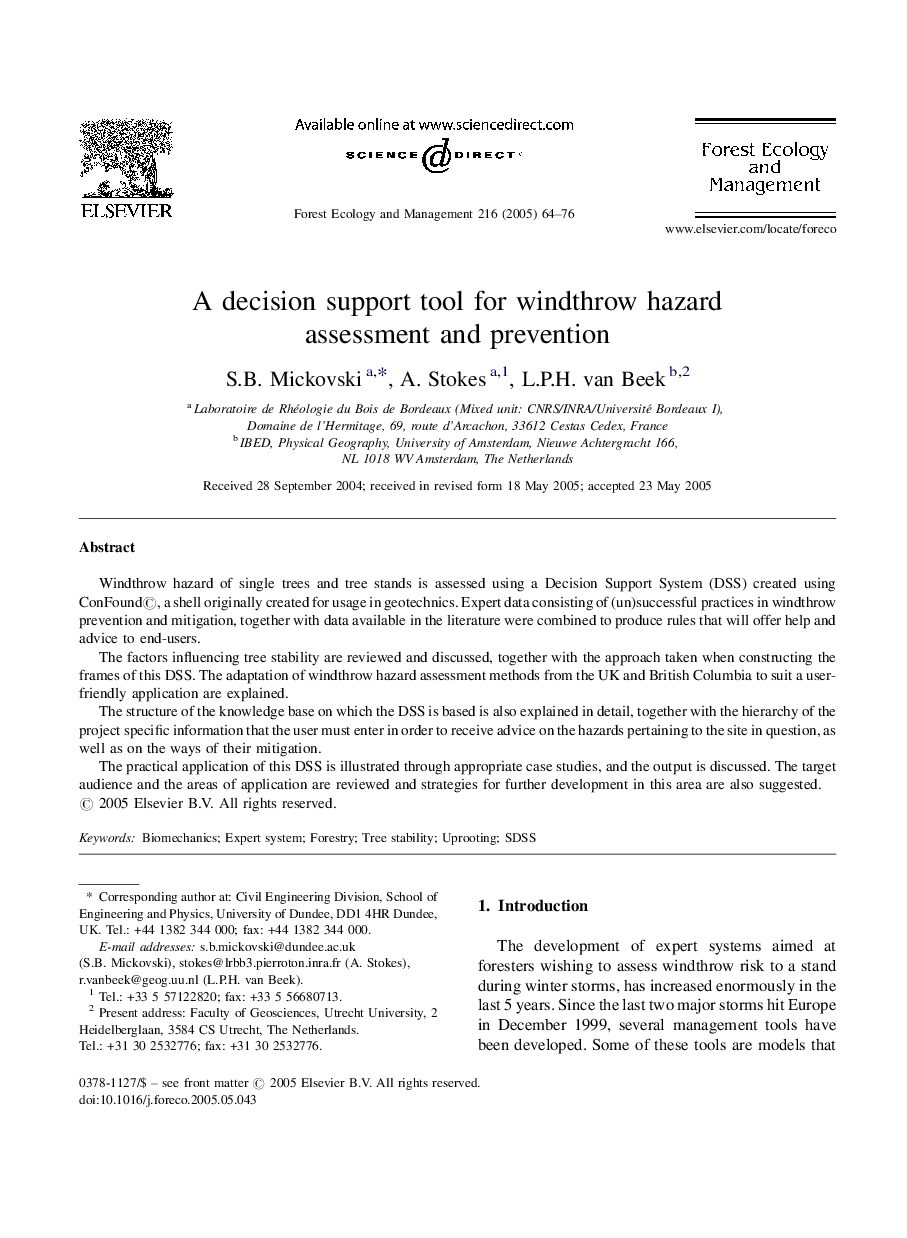 A decision support tool for windthrow hazard assessment and prevention