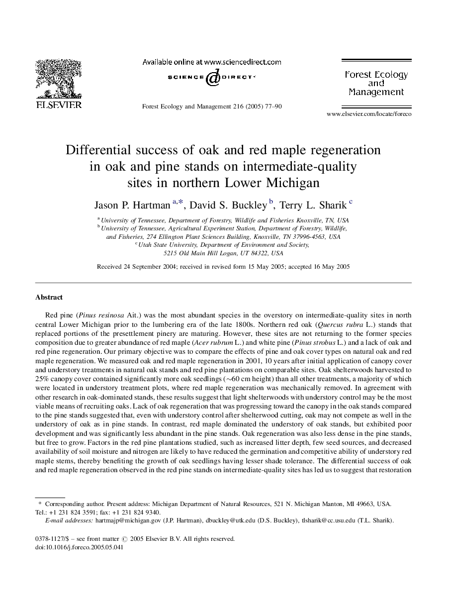 Differential success of oak and red maple regeneration in oak and pine stands on intermediate-quality sites in northern Lower Michigan