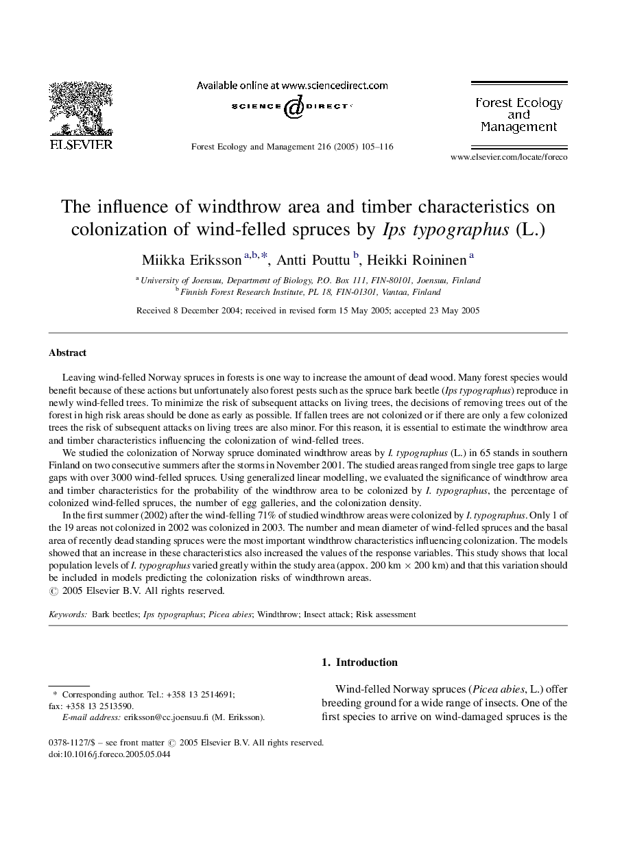 The influence of windthrow area and timber characteristics on colonization of wind-felled spruces by Ips typographus (L.)