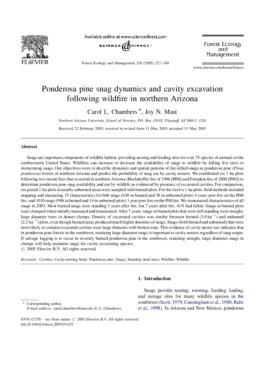 Ponderosa pine snag dynamics and cavity excavation following wildfire in northern Arizona