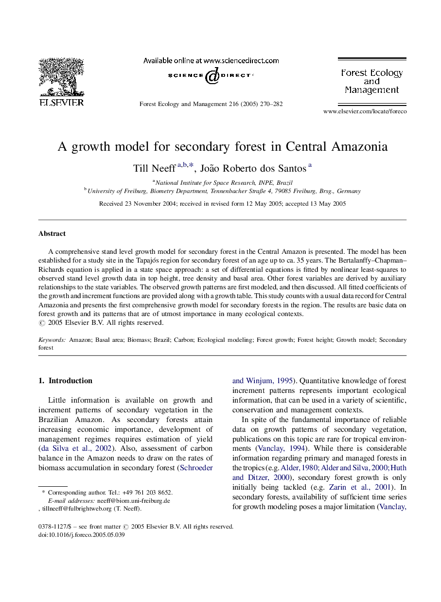 A growth model for secondary forest in Central Amazonia