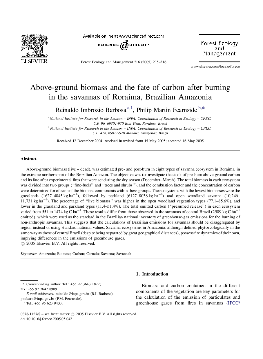 Above-ground biomass and the fate of carbon after burning in the savannas of Roraima, Brazilian Amazonia