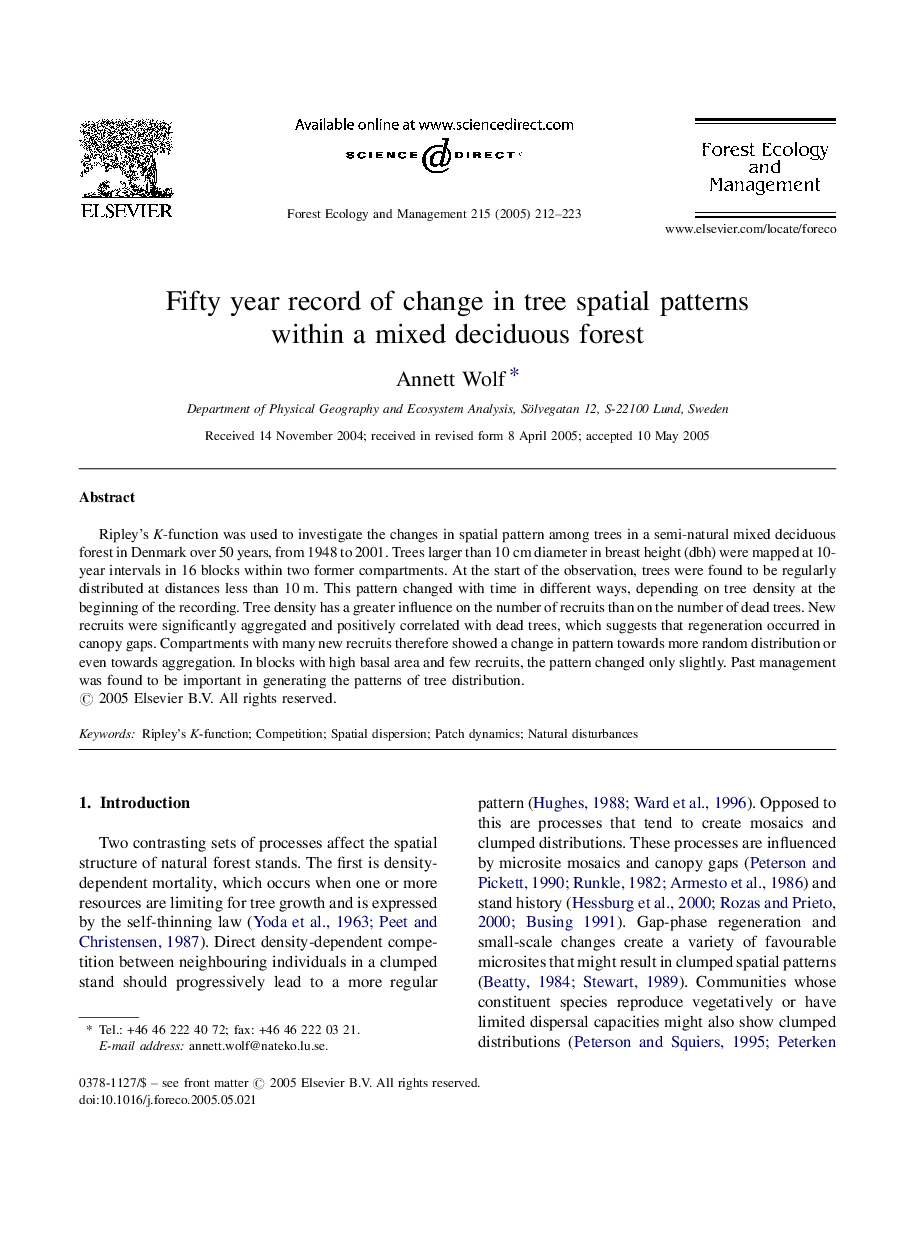 Fifty year record of change in tree spatial patterns within a mixed deciduous forest