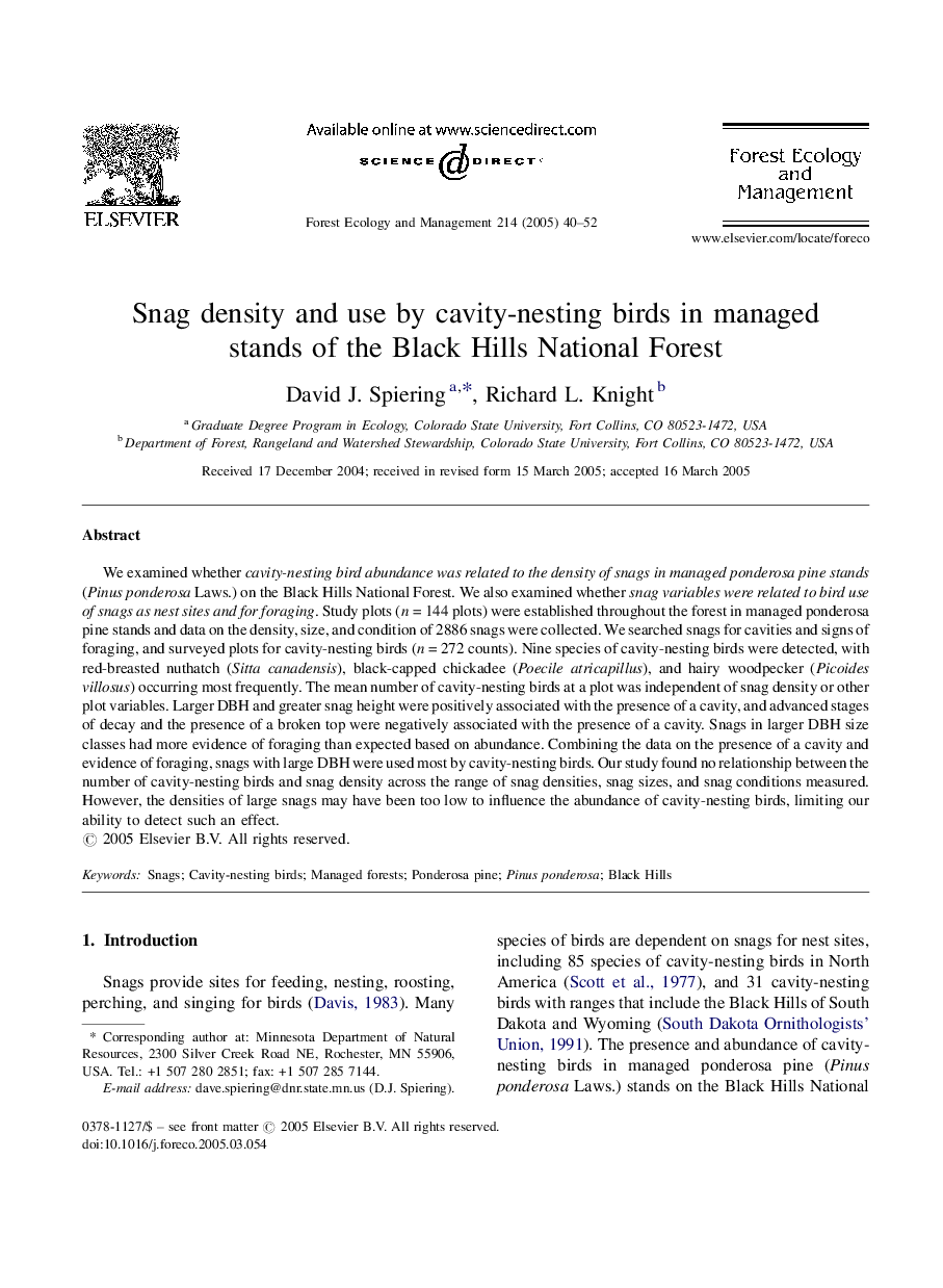 Snag density and use by cavity-nesting birds in managed stands of the Black Hills National Forest