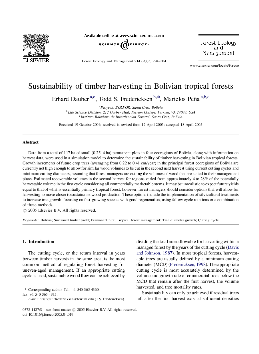 Sustainability of timber harvesting in Bolivian tropical forests