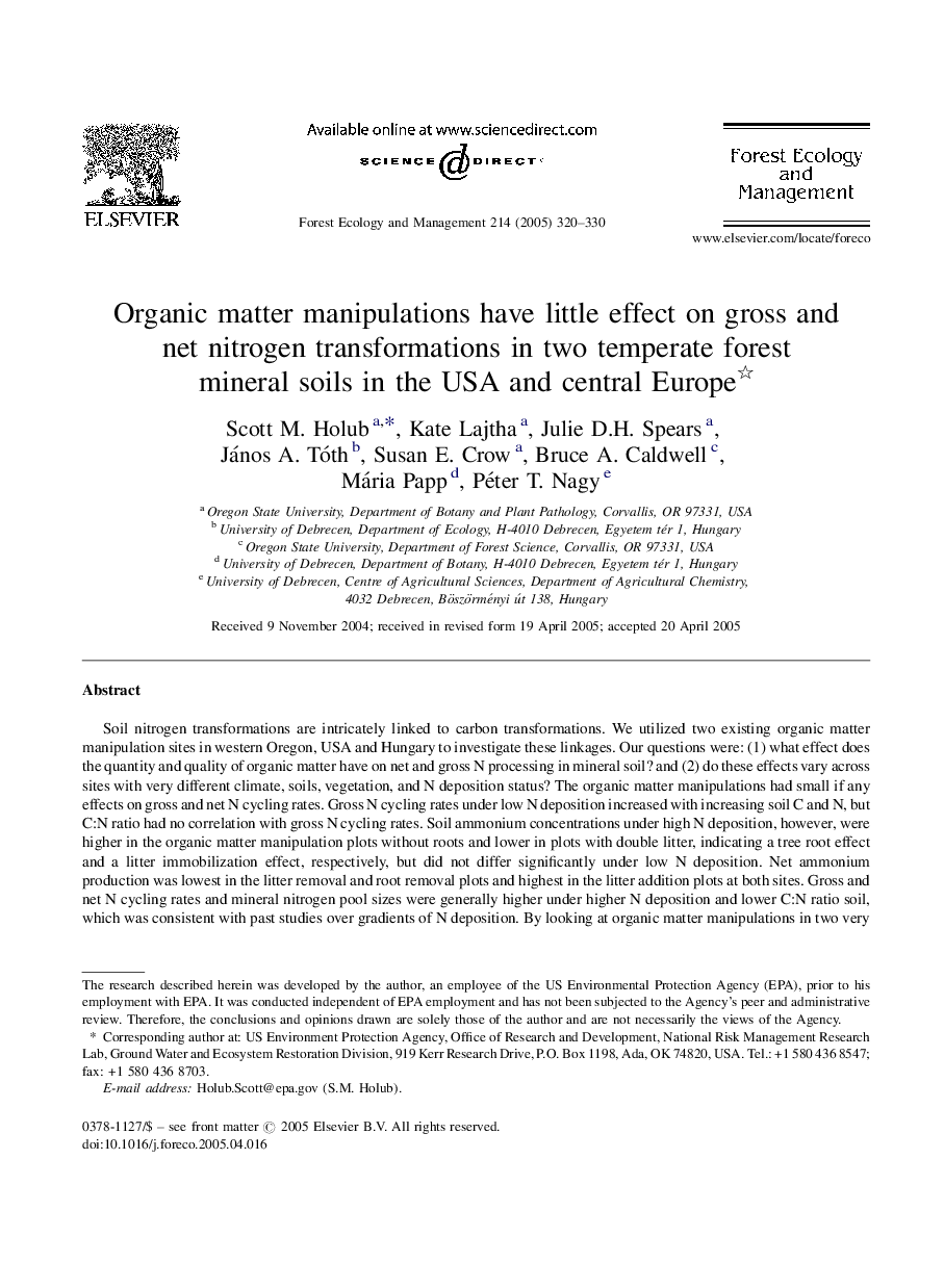 Organic matter manipulations have little effect on gross and net nitrogen transformations in two temperate forest mineral soils in the USA and central Europe