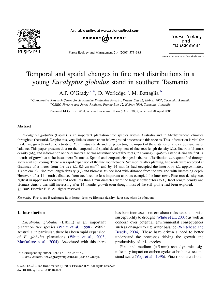 Temporal and spatial changes in fine root distributions in a young Eucalyptus globulus stand in southern Tasmania