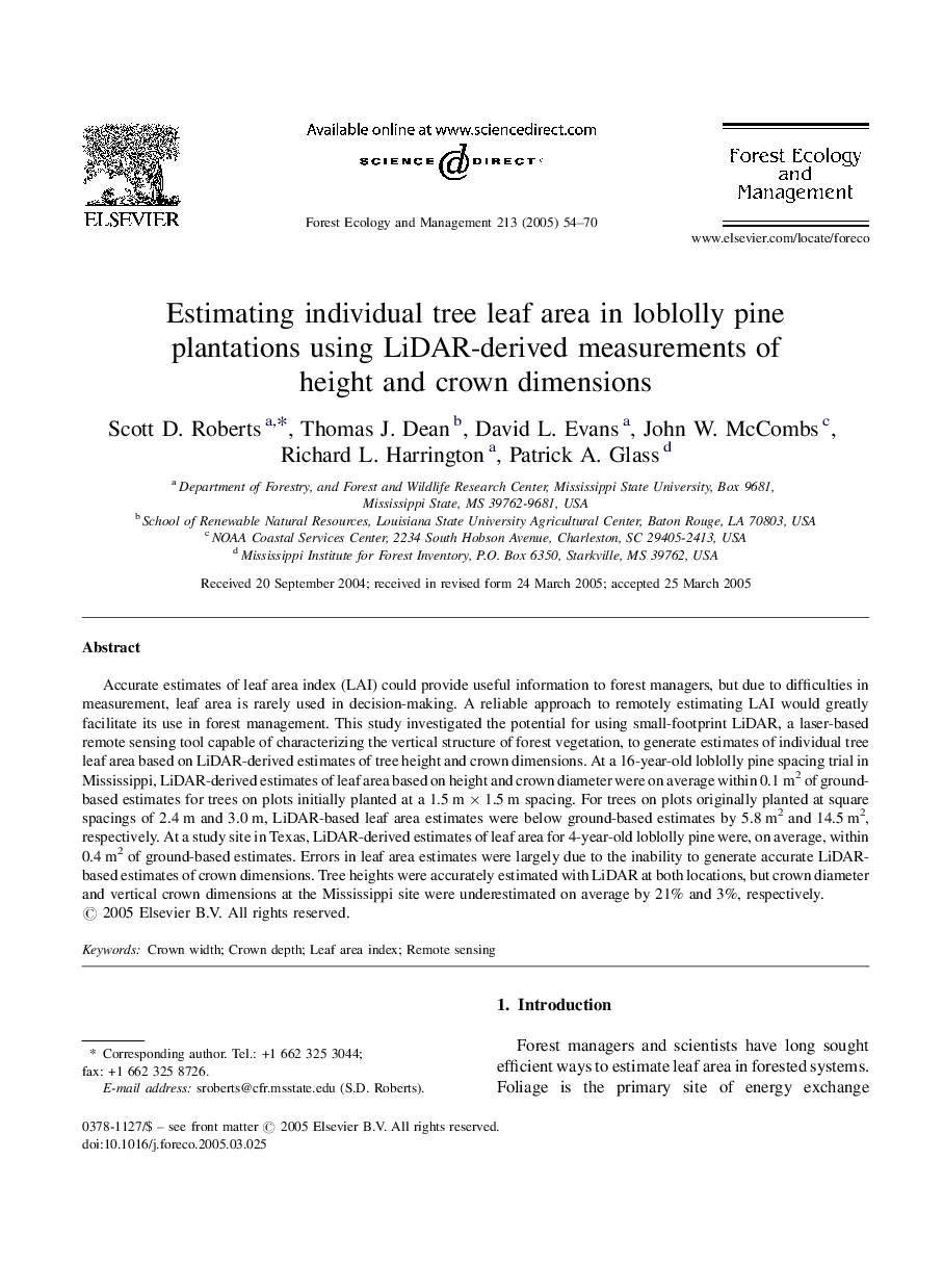 Estimating individual tree leaf area in loblolly pine plantations using LiDAR-derived measurements of height and crown dimensions